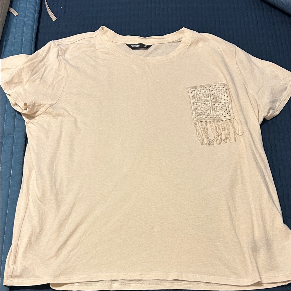 Cream T-Shirt with Crochet Pocket